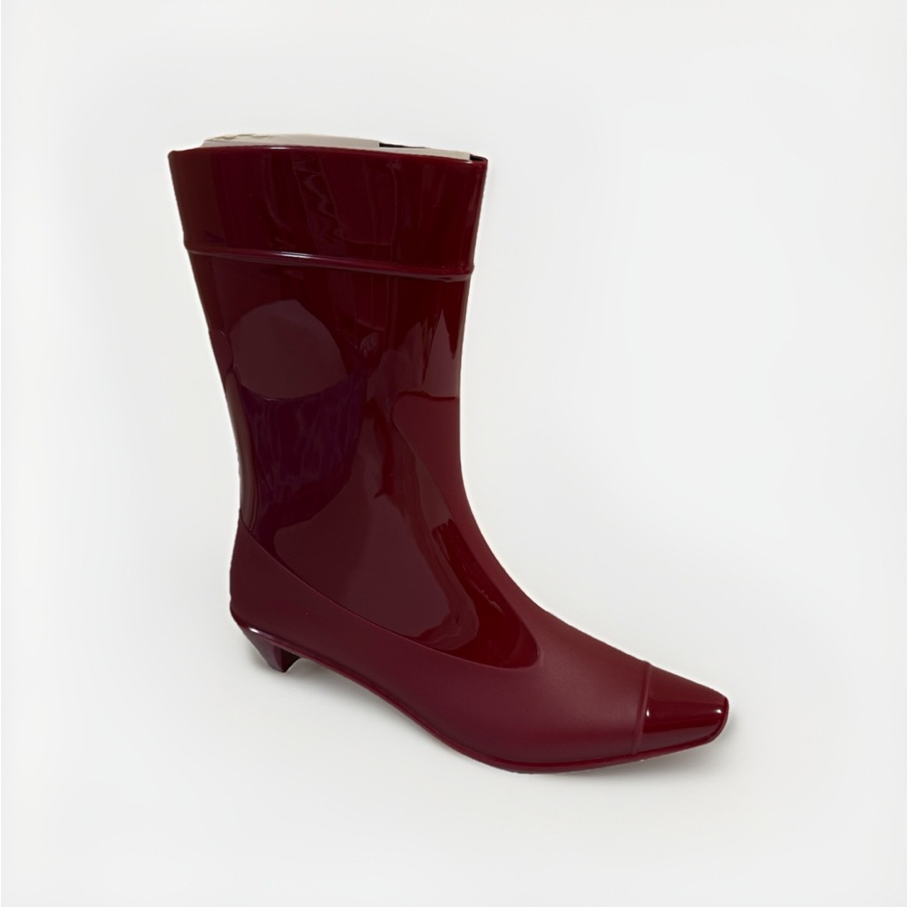 NEW Jeffrey Campbell Drench Cap Toe Kitten Heel Rain Rubber Boots Red Combo Sz 7